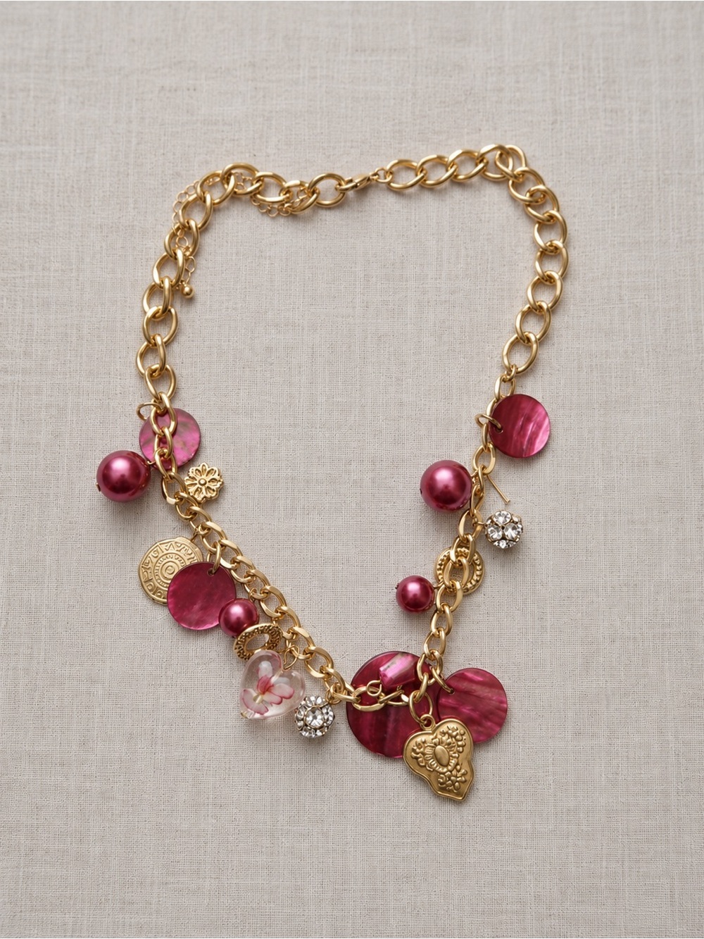 Gold Chain Charm Necklace with Pink Accents